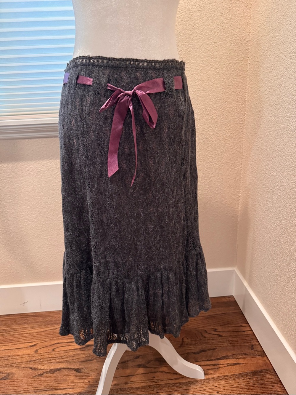 Free People Charcoal Knit Maxi Skirt with Mauve Ribbon